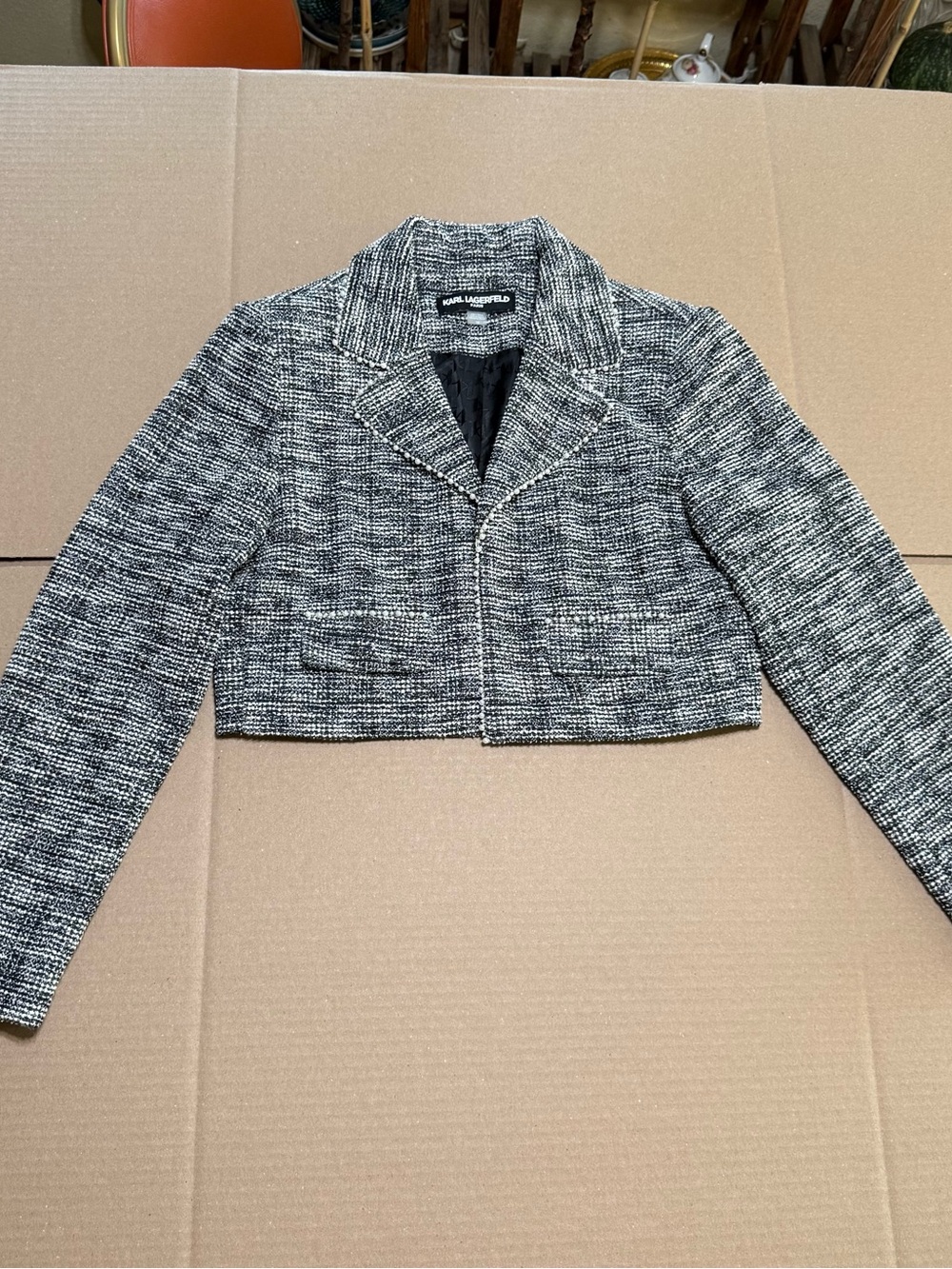 Karl Lagerfeld Black and White Tweed Cropped Blazer